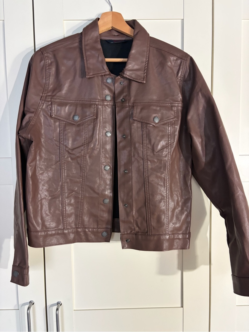 Classic Brown Faux Leather Jean Jacket - Women W
